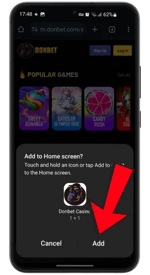 Tap Add and add to home screen app