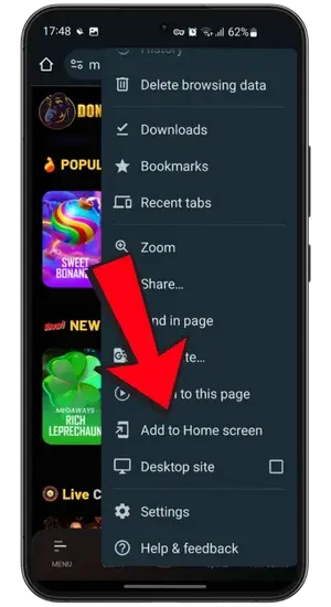 Add to home screen casino app